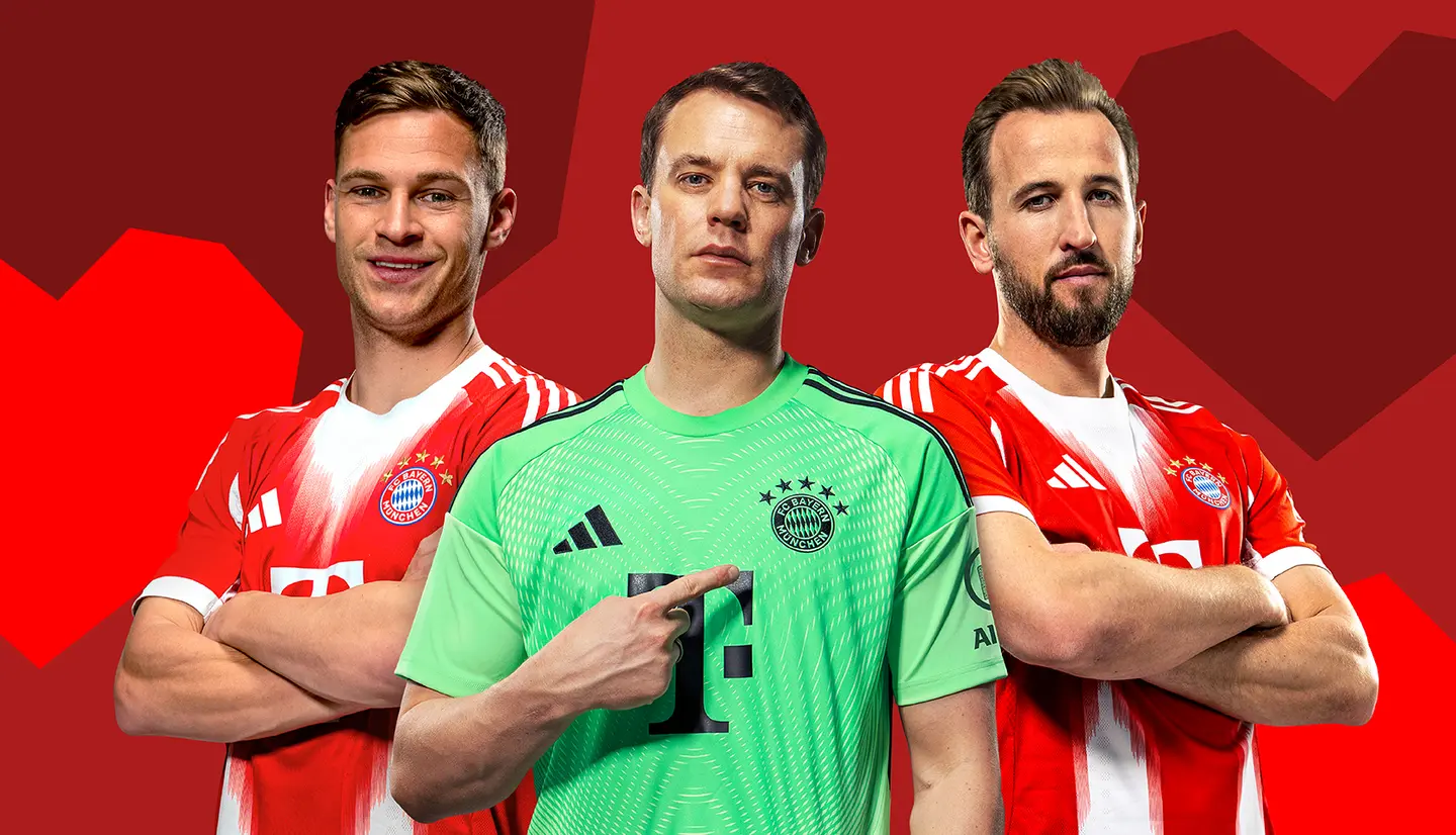 Three football players from Bayern Munich stand together, showcasing their team uniforms. The central player, dressed in a green goalkeeper jersey, points at the team logo on his kit. The background features abstract shapes in shades of red.