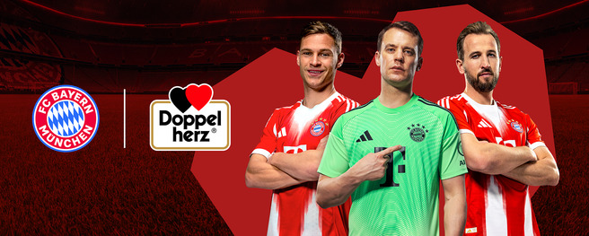Three football players stand confidently, wearing FC Bayern Munich jerseys. The first player is in a red and white striped jersey, the second is in a green goalkeeper's jersey, and the third also wears a red and white striped jersey. The team logo and a brand logo are featured prominently.